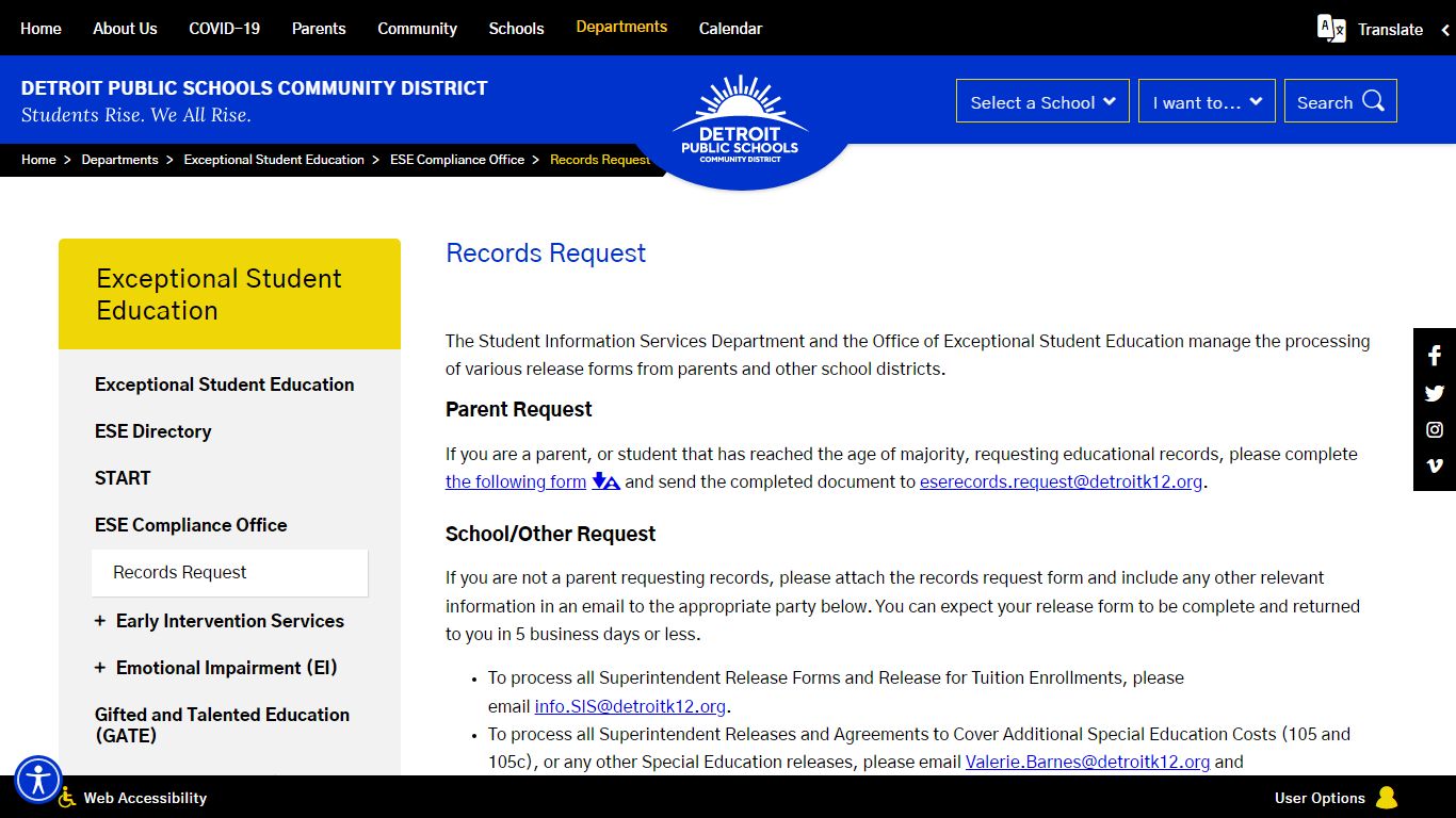Exceptional Student Education / Records Request - Detroit Public Schools